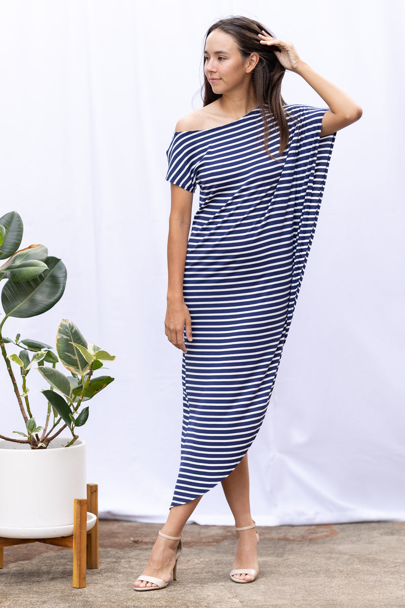 Lola Asymmetrical Dress (Navy Stripe)
