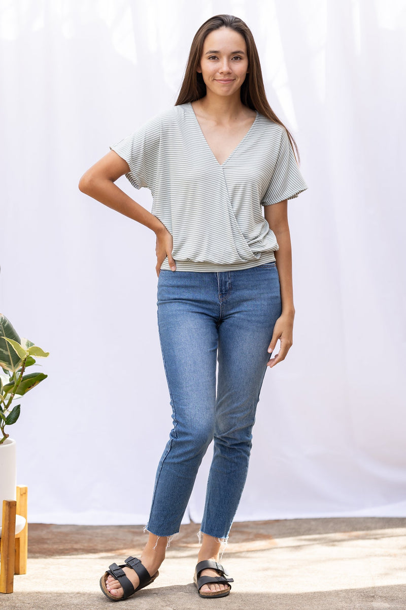 Luna Wrap Top (Sage Stripe) - XS