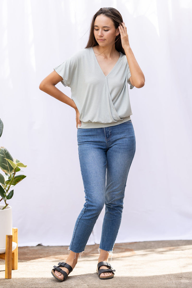 Luna Wrap Top (Sage Stripe) - XS