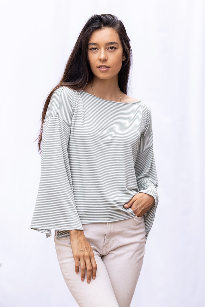 Dee Dee Wide Sleeve Top (Sage Stripe)