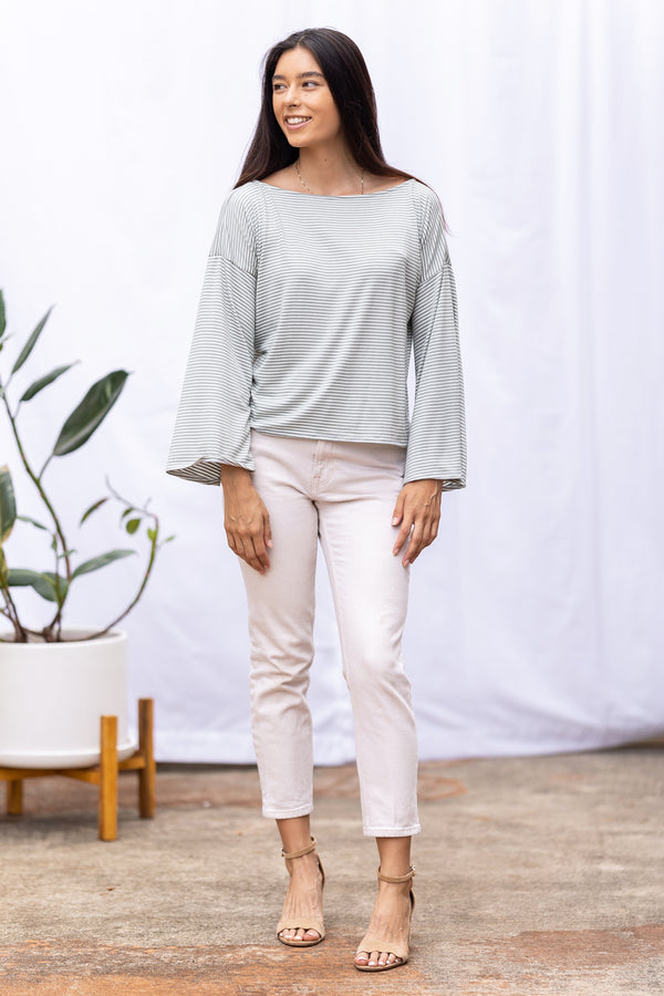 Dee Dee Wide Sleeve Top (Sage Stripe)