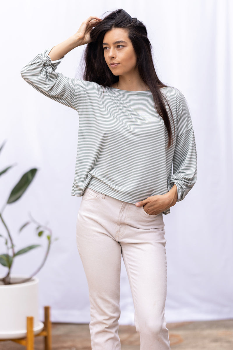 Dee Dee Wide Sleeve Top (Sage Stripe)