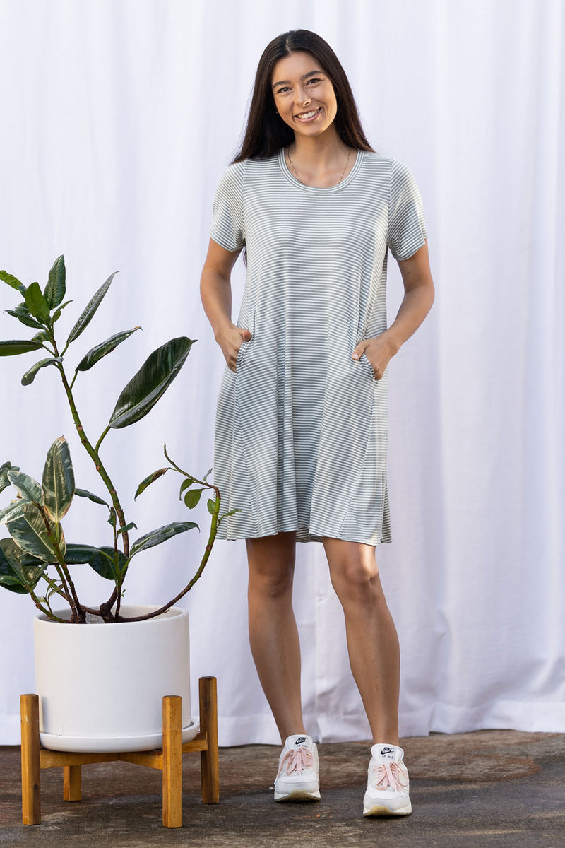 Harper Paneled Dress (Sage Stripe)