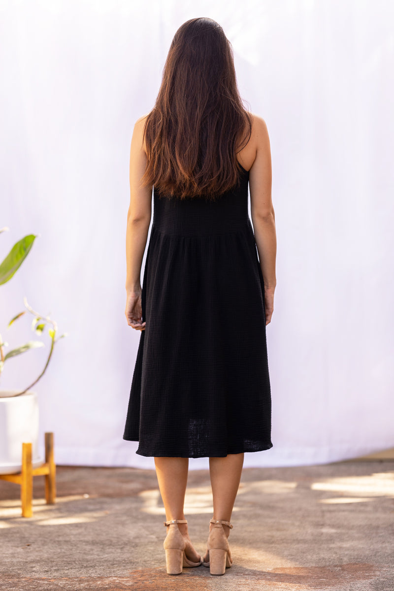 midi black gauze dress pockets Ocean+Main | Black Gauze Dress with Pockets