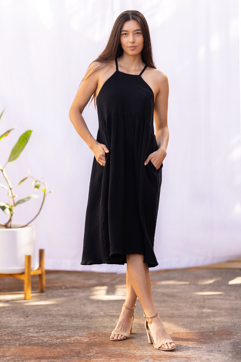 black gauze midi dress Black Cotton Gauze Midi Dress: Deep Neckline, Lined Bustvintage Style