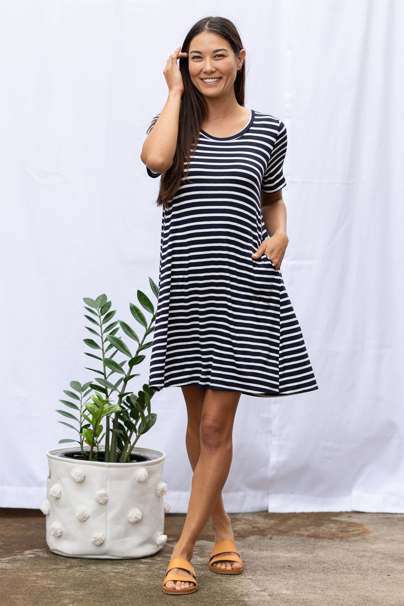 Harper Paneled Dress (Navy Stripe)