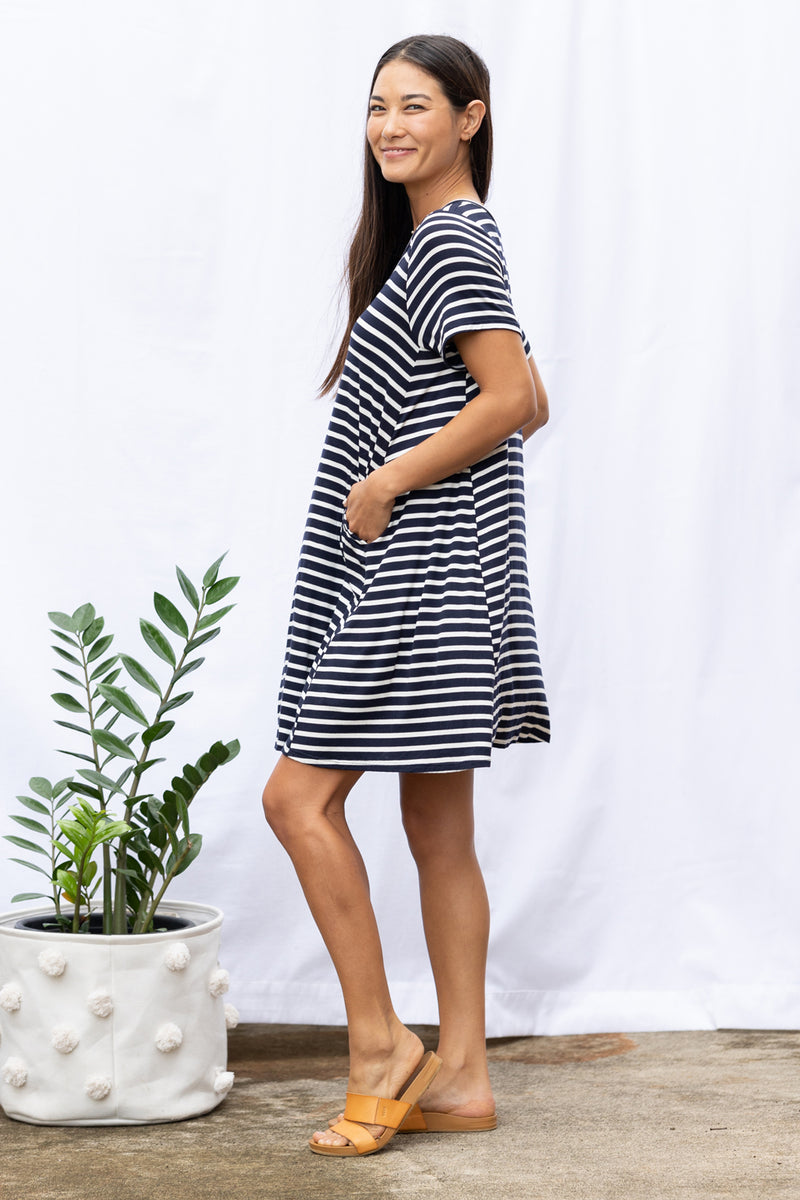 Harper Paneled Dress (Navy Stripe)