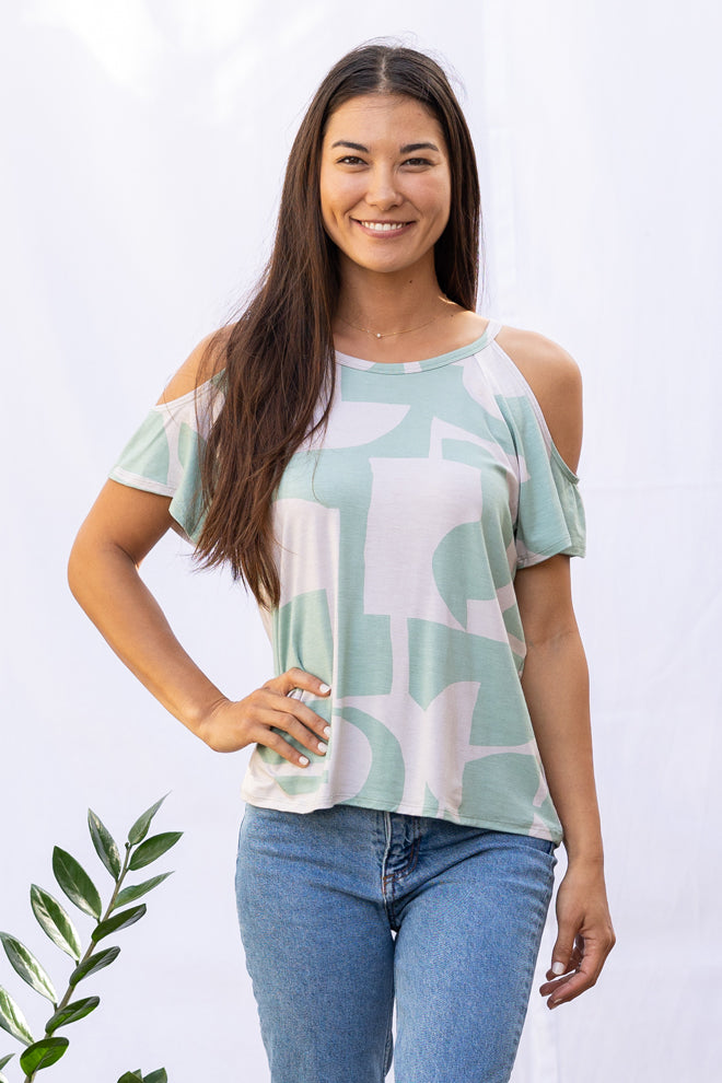Jennifer Cold Shoulder Top (Sea Salt Deco Print)