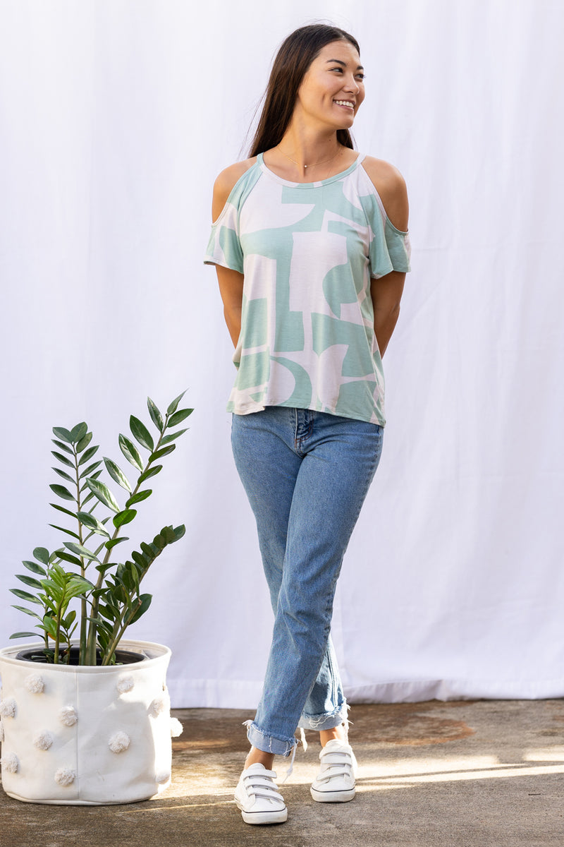 Jennifer Cold Shoulder Top (Sea Salt Deco Print)