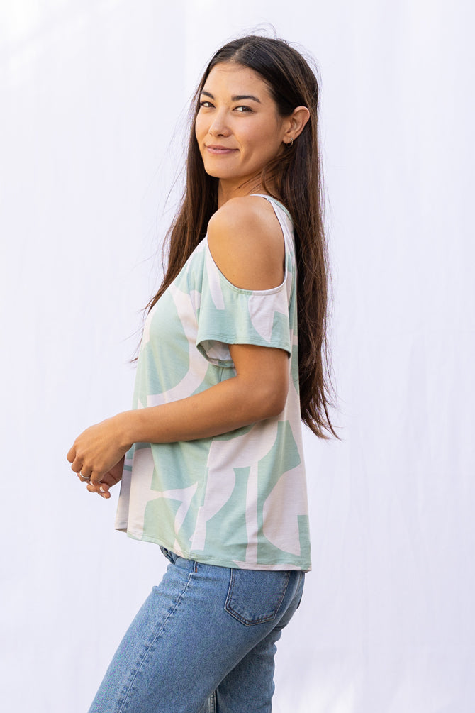 Jennifer Cold Shoulder Top (Sea Salt Deco Print)
