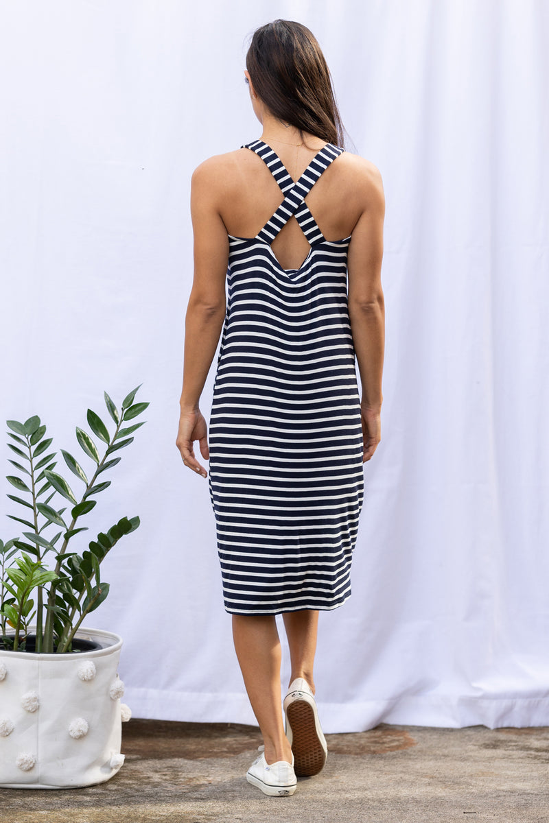 Milly Cross Back Dress (Navy Stripe)