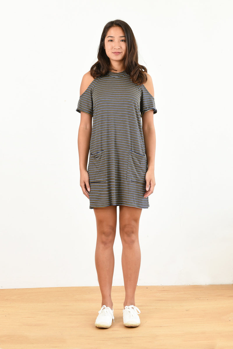 Jennifer Cold Shoulder Dress (Navy Stripe) - XS