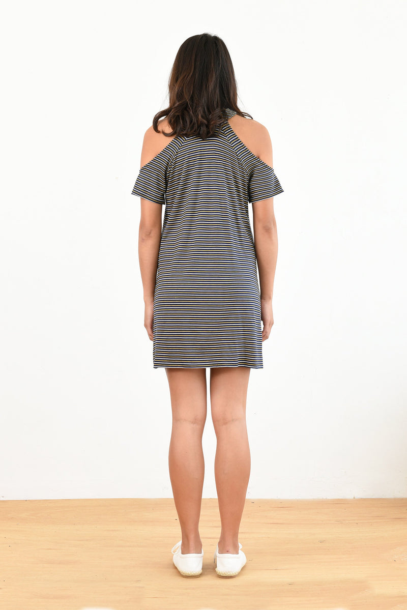 Jennifer Cold Shoulder Dress (Navy Stripe) - XS