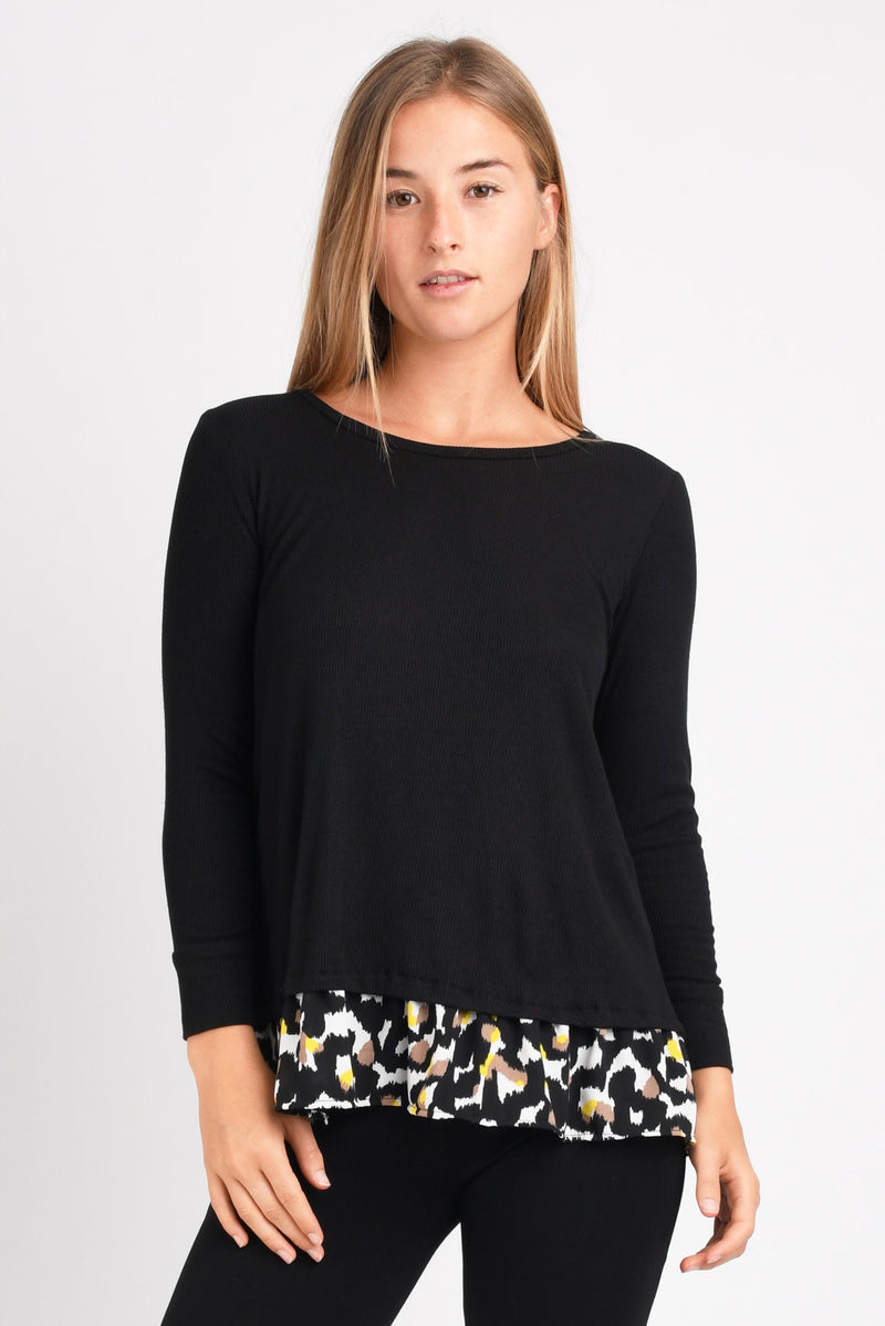 Stevie L/S Tunic w/ Ruffle (Black/Modern Leopard) - M