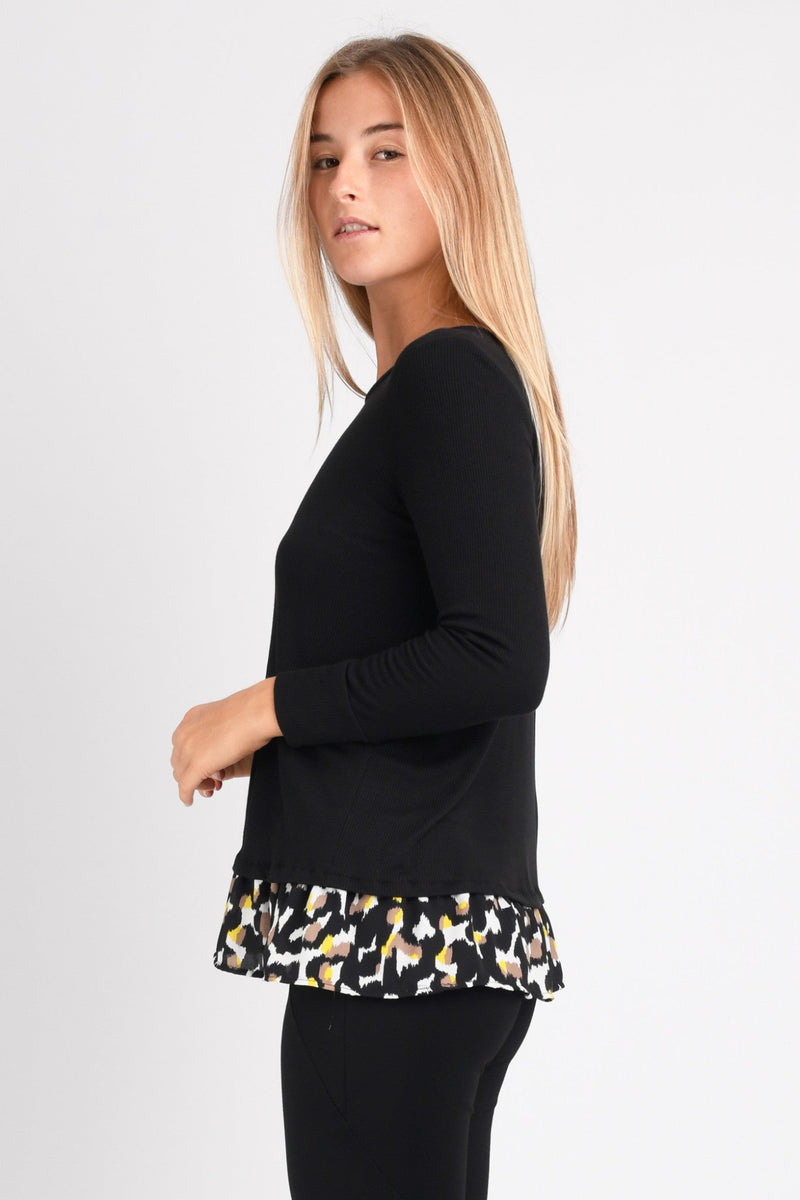 Stevie L/S Tunic w/ Ruffle (Black/Modern Leopard) - M