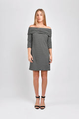 Ariana Off Shoulder Dress (Black Stripe) - M
