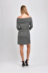 Ariana Off Shoulder Dress (Black Stripe) - M
