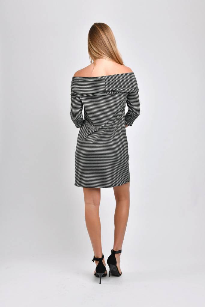 Ariana Off Shoulder Dress (Black Stripe) - M