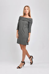 Ariana Off Shoulder Dress (Black Stripe) - M